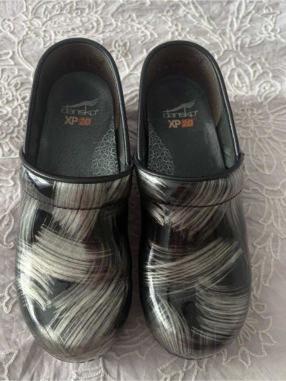 Dansko Women's Black Clogs with Silver Brushstroke Design